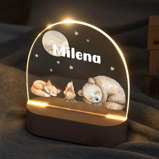LED Nachtlicht Kinder personalisiert - Lagerfeuer Fuchs und Bär