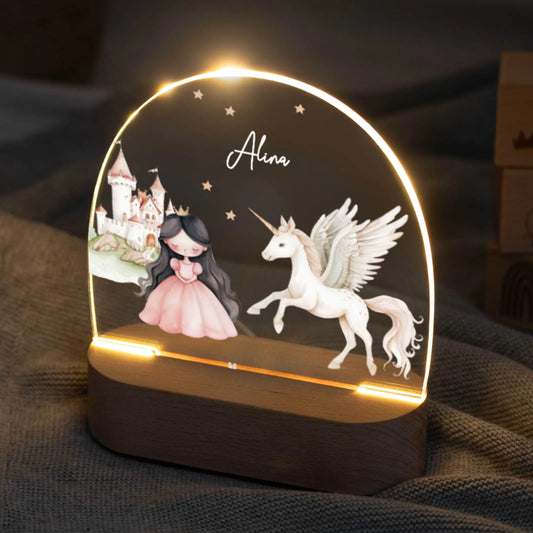LED Nachtlicht Kinder personalisiert - Prinzessin braun mit Einhorn