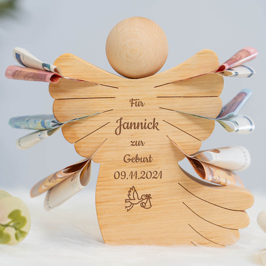 Geldscheinengel mit Gravur zur Geburt