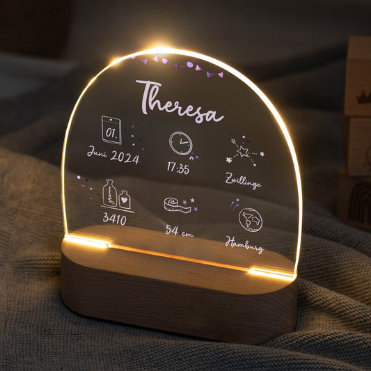 LED Nachtlicht Kinder personalisiert - Geburtsdaten rosa