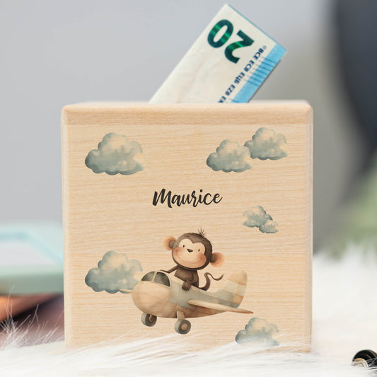 Spardose Personalisiert Affe im Flugzeug