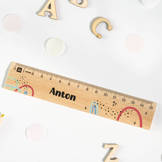 Holzlineal mit Namen zur Einschulung - Motiv Bunt