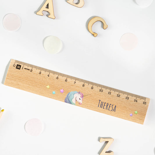 Holzlineal mit Namen zur Einschulung - Motiv Einhorn