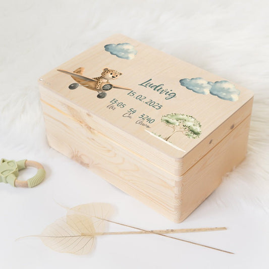 Erinnerungskiste Baby Leopard im Flugzeug