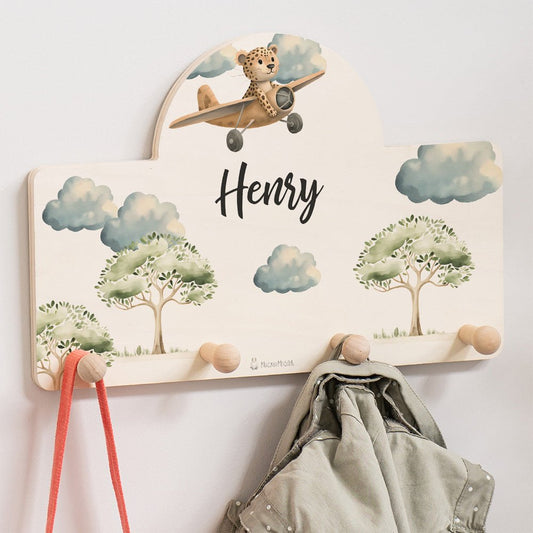 Kindergarderobe Personalisiert - Leopard im Flugzeug