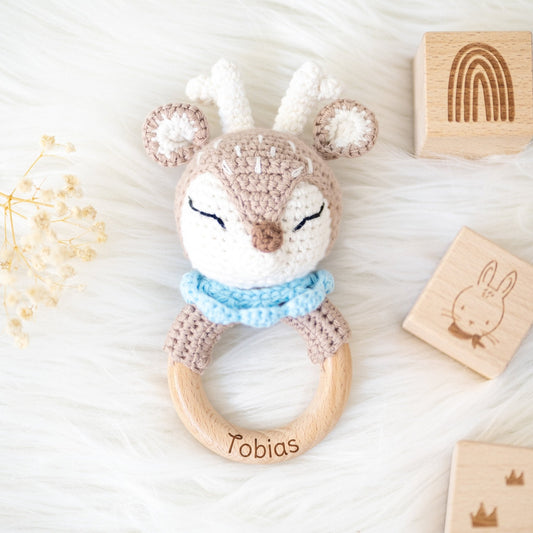 Greifling Baby mit Namen - Reh blau