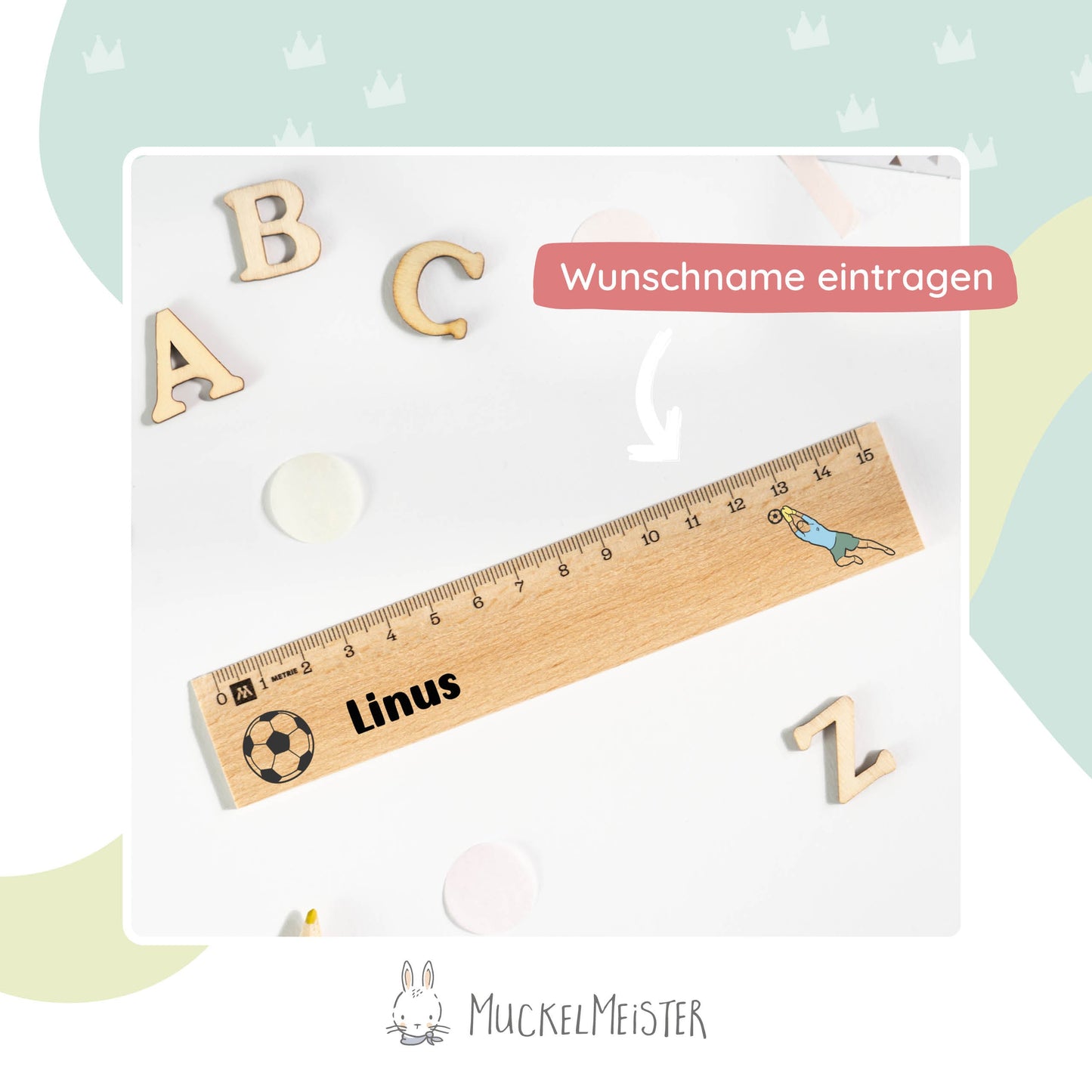 Holzlineal mit Namen zur Einschulung - Motiv Fußball