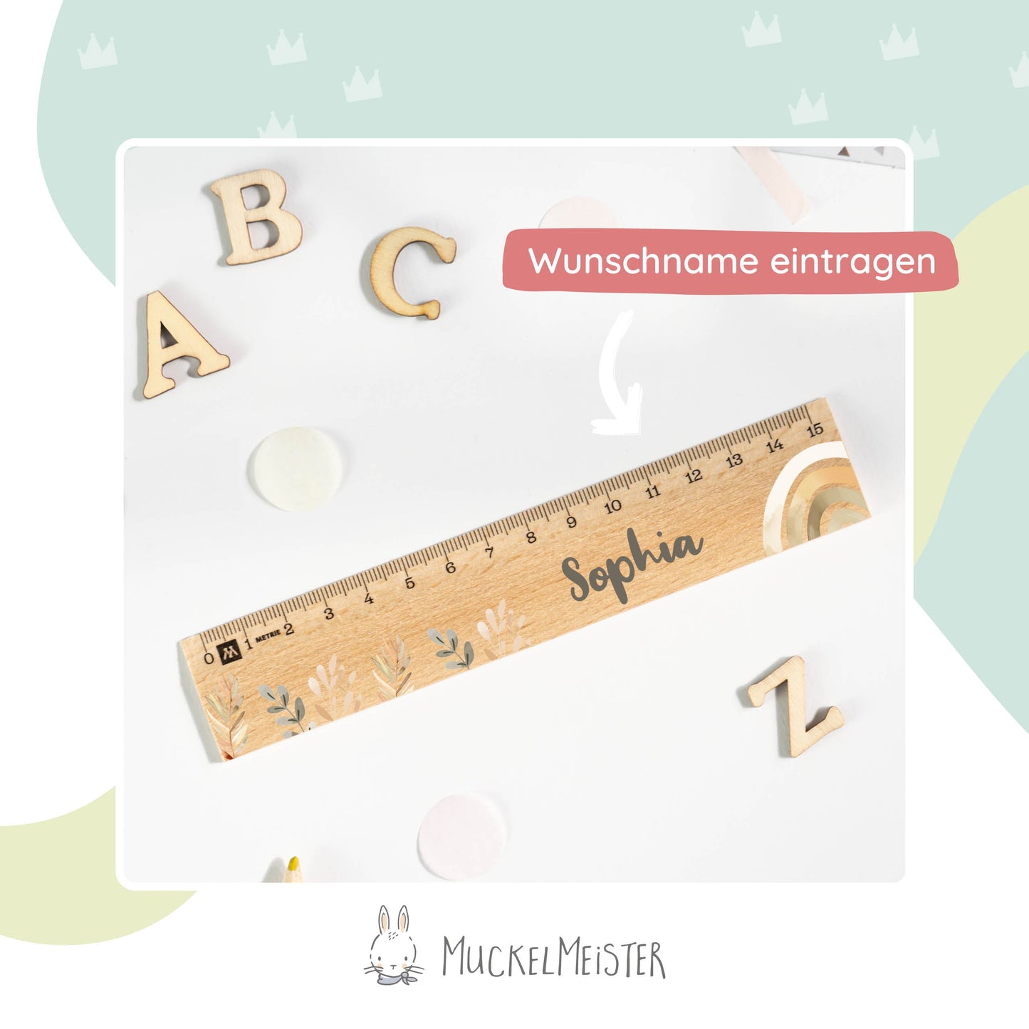 Holzlineal mit Namen zur Einschulung - Motiv Boho