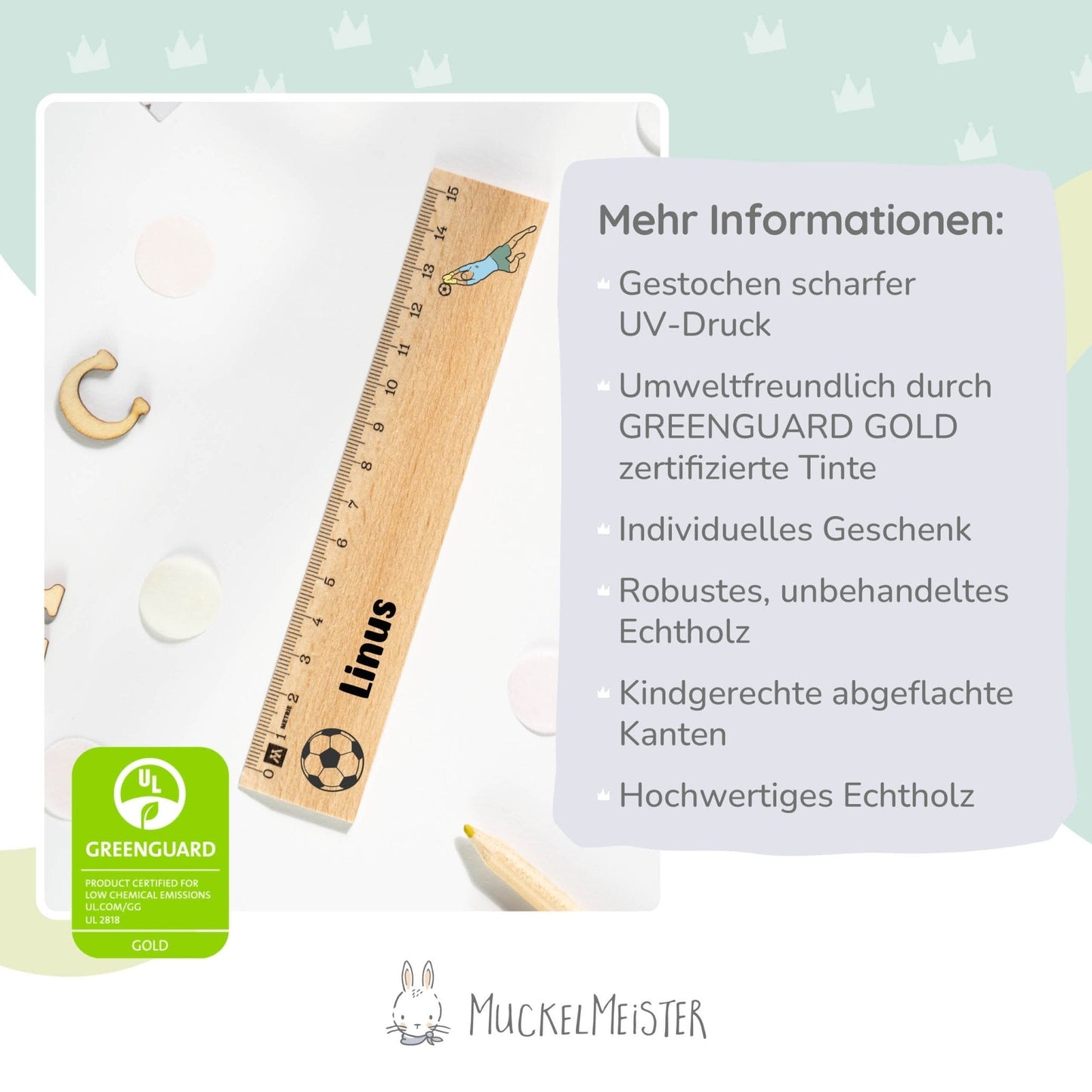 Holzlineal mit Namen zur Einschulung - Motiv Fußball