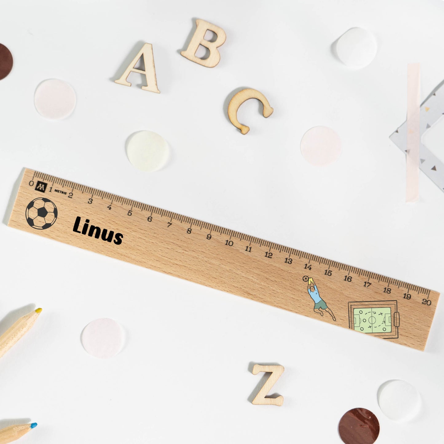Holzlineal mit Namen zur Einschulung - Motiv Fußball