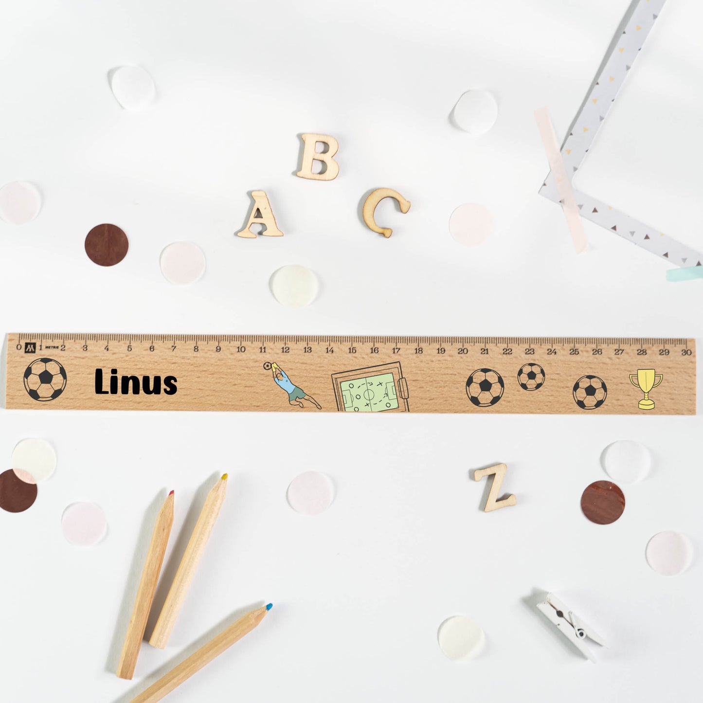 Holzlineal mit Namen zur Einschulung - Motiv Fußball